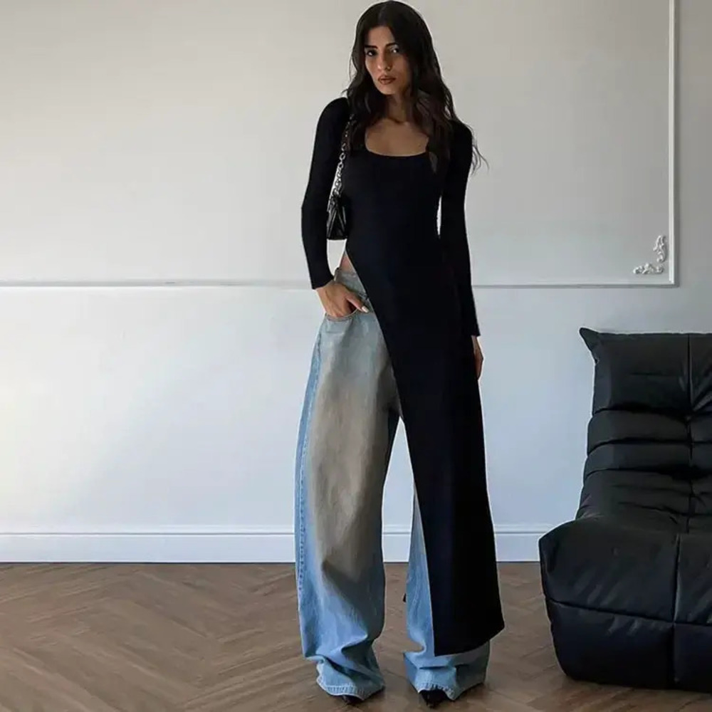 ZARA Collar Sexy Slim Slit Long Sleeve Dress